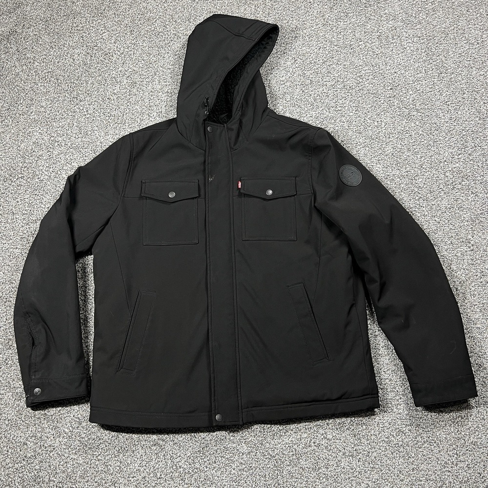 Levis Jacket Mens L Black Hooded Fleece Lined Insulated Winter Coat - Picture 1 of 15